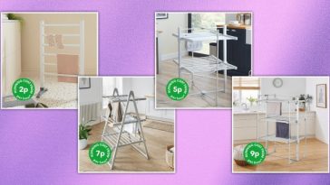 Four images of different heated airers from Dunelm, set on a purple background