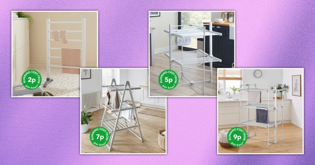 Four images of different heated airers from Dunelm, set on a purple background