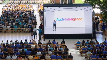 Apple Vice President of Software Engineering Craig Federighi introduces Apple Intelligence during the WWDC24 keynote at Apple Park.