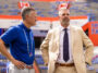 Sep 14, 2024; Gainesville, Florida, USA; Florida Gators athletic director Scott Stricklin (left) and head coach Billy Napier talk before a game against the Texas A&M Aggies at Ben Hill Griffin Stadium. Mandatory Credit: Matt Pendleton-Imagn Images