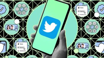 Hand holding phone with Twitter logo against an illustrated background