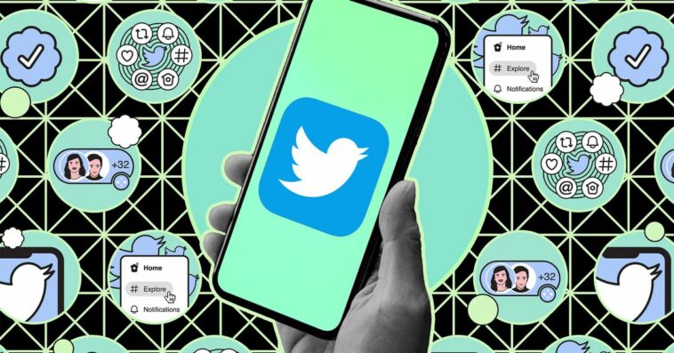 Hand holding phone with Twitter logo against an illustrated background