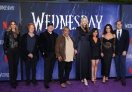 Jennifer Malone, Danny Elfman, Alfred Gough, Luis Guzmán, Gwendoline Christie, Jenna Ortega, Catherine Zeta-Jones, and Miles Millar at the photo call for "Wednesday" held at Hollywood Forever Cemetery on April 29, 2023 in Los Angeles, California. (Photo by Mark Von Holden/Variety via Getty Images)