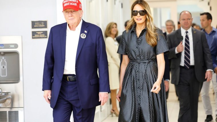 Republican presidential nominee former President Donald Trump and his wife Melania Trump depart after casting their votes at a polling place in the Morton and Barbara Mandel Recreation Center on Election Day, on November 05, 2024 in Palm Beach, Florida. Trump will hold an Election Night event at the Palm Beach Convention Center.