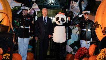 US President Joe Biden and First Lady Jill Biden greet trick-or-treaters during a Halloween event at the White House on October 30, 2024 in Washington, DC.