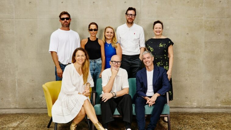 Clockwise from top left): Aje co-founder Adrian Norris, Ksubi creative director Pip Edwards, Australian Fashion Council Chair Marianne Perkovic, Carla Zampatti CEO Alex Schuman, Australian Fashion Council board member Helen Waldron, Minister John Graham, The Ordre Group CEO Simon Lock, Australian Fashion Council CEO Jaana Quaintance-James. Carriageworks, Sydney, December 15, 2024.