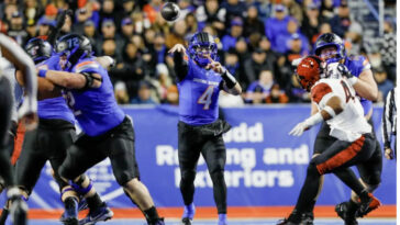 Nov 1, 2024; Boise, Idaho, USA; Boise State Broncos quarterback Maddux Madsen (4) throws a pass during the first quarter against the San Diego State Aztecs at Albertsons Stadium. Mandatory Credit: Brian Losness-Imagn Images