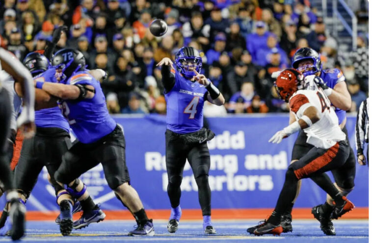 Nov 1, 2024; Boise, Idaho, USA; Boise State Broncos quarterback Maddux Madsen (4) throws a pass during the first quarter against the San Diego State Aztecs at Albertsons Stadium. Mandatory Credit: Brian Losness-Imagn Images