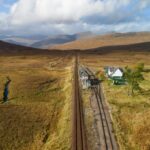 Aerial drone shot of Corrour train station and the west highland way line across Rannoch Moor; Shutterstock ID 2536898537; purchase_order: -; job: -; client: -; other: -