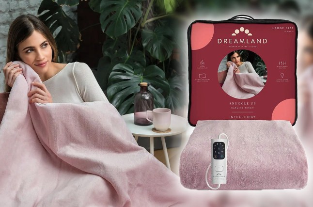 A woman holds the Dunelm Dreamland IntelliHeat Velvet Plush Heated Throw, next to an image of the throw folded and its packaging