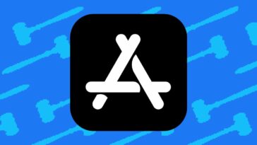 Illustration of the App Store logo in front of a background of gavels.