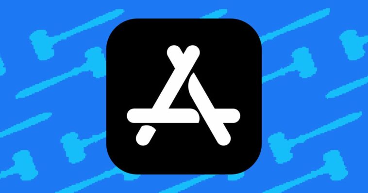 Illustration of the App Store logo in front of a background of gavels.