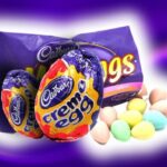 Cadbury Easter products, including a Creme Egg and Mini Eggs, on a purple background.