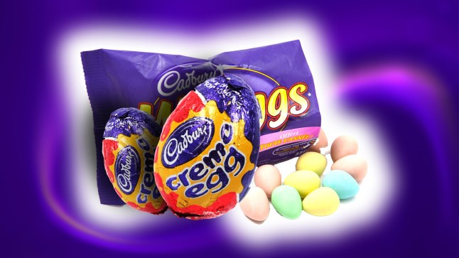 Cadbury Easter products, including a Creme Egg and Mini Eggs, on a purple background.