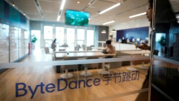 The ByteDance logo is seen on a window at the company’s office