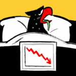 An eagle sweating in his bed with a sign showing a red downward arrow attached to the end of the bedframe