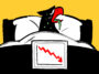 An eagle sweating in his bed with a sign showing a red downward arrow attached to the end of the bedframe