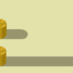 The illustration shows a man and a woman standing on separate stacks of coins.