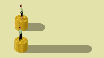 The illustration shows a man and a woman standing on separate stacks of coins.