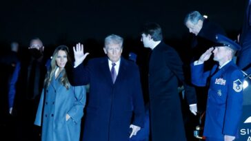 DULLES, VIRGINIA - JANUARY 18: U.S. President-elect Donald Trump, his wife Melania Trump and their son Barron Trump arrive at Dulles International Airport on January 18, 2025 in Washington, DC. Trump will later visit his golf course in Sterling, Virginia to participate in a reception and fireworks show. (Photo by Anna Moneymaker/Getty Images)