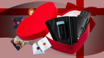 A selection of Valentine's Day gifts for him, in a heart-shaped box.