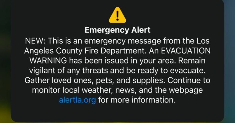 A wireless emergency alert received by people in LA County that was inadvertently sent to everyone instead of people in just one area.