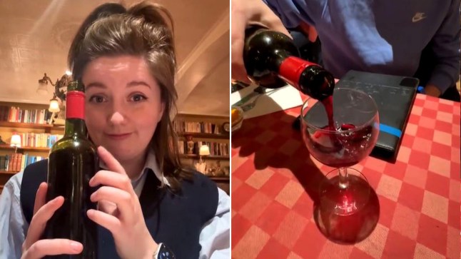 Chelsea aka @cheapholidayexpert holding a bottle of red wine, next to a hand pouring red wine into a glass in a restaurant.