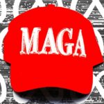 Digital photo collage of MAGA hat and Meta logo.