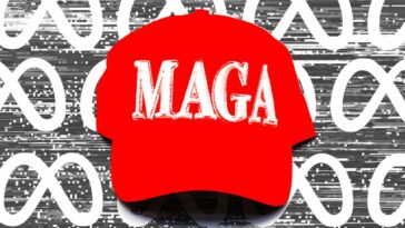 Digital photo collage of MAGA hat and Meta logo.