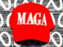 Digital photo collage of MAGA hat and Meta logo.