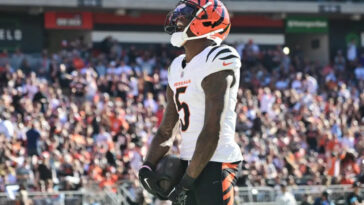 Oct 20, 2024; Cleveland, Ohio, USA; Cincinnati Bengals wide receiver Tee Higgins (5) celebrates after scoring a touchdown during the second half against the Cleveland Browns at Huntington Bank Field. Mandatory Credit: Ken Blaze-Imagn Images