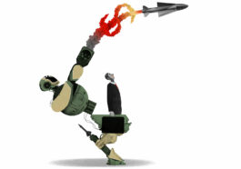 This digital collage-style illustration depicts a humanoid robot and a businessman fused together. The robot, made of military-like mechanical parts, is launching a missile from its raised arm. The businessman, dressed in a suit with a red tie, appears rig