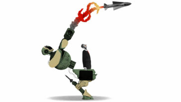 This digital collage-style illustration depicts a humanoid robot and a businessman fused together. The robot, made of military-like mechanical parts, is launching a missile from its raised arm. The businessman, dressed in a suit with a red tie, appears rig