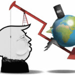 This illustration shows Donald Trump's head filled with oil . An oil pump extracts oil from his head. A red, downward-pointing arrow connects to a globe with a barrel labelled "OIL" on top, making the Earth appear to slump under its weight.