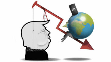 This illustration shows Donald Trump's head filled with oil . An oil pump extracts oil from his head. A red, downward-pointing arrow connects to a globe with a barrel labelled "OIL" on top, making the Earth appear to slump under its weight.