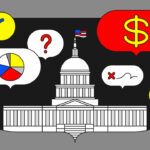 This illustration shows the U.S. Capitol building with various speech bubbles around it. The bubbles contain symbols like a checkmark, dollar sign, question mark, graphs, and charts. The colors are bold, with red, yellow, white, and black