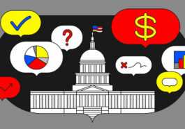 This illustration shows the U.S. Capitol building with various speech bubbles around it. The bubbles contain symbols like a checkmark, dollar sign, question mark, graphs, and charts. The colors are bold, with red, yellow, white, and black