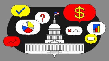 This illustration shows the U.S. Capitol building with various speech bubbles around it. The bubbles contain symbols like a checkmark, dollar sign, question mark, graphs, and charts. The colors are bold, with red, yellow, white, and black