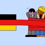 This illustration shows the German flag on the left, with red tape extending from it and tightly wrapping around three workers—a businessman, a construction worker, and a factory worker. The workers appear stressed or restrained