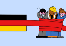 This illustration shows the German flag on the left, with red tape extending from it and tightly wrapping around three workers—a businessman, a construction worker, and a factory worker. The workers appear stressed or restrained