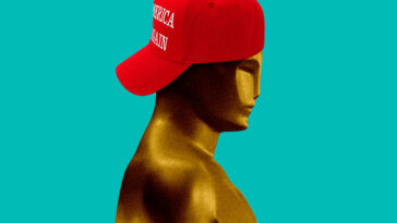 This is a stylized digital illustration of the oscar statue wearing a red "Make America Great Again" (MAGA) hat, set against a teal background