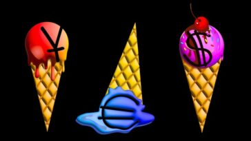 Efi Chalikopoulou illustration of three ice-cream cones, one with the euro sign, one with the dollar sign and one with the renminbi sign