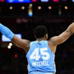 Mar 5, 2025; Cleveland, Ohio, USA; Cleveland Cavaliers guard Donovan Mitchell (45) reacts during the second half against the Miami Heat at Rocket Arena. Mandatory Credit: Ken Blaze-Imagn Images