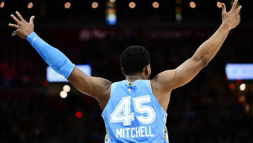 Mar 5, 2025; Cleveland, Ohio, USA; Cleveland Cavaliers guard Donovan Mitchell (45) reacts during the second half against the Miami Heat at Rocket Arena. Mandatory Credit: Ken Blaze-Imagn Images