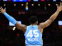 Mar 5, 2025; Cleveland, Ohio, USA; Cleveland Cavaliers guard Donovan Mitchell (45) reacts during the second half against the Miami Heat at Rocket Arena. Mandatory Credit: Ken Blaze-Imagn Images