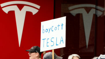 Demonstrators gather for a protest against Elon Musk and electric car maker Tesla.