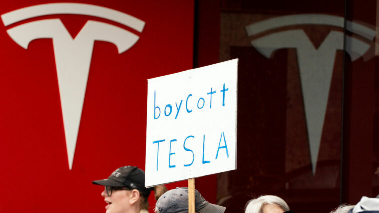 Demonstrators gather for a protest against Elon Musk and electric car maker Tesla.